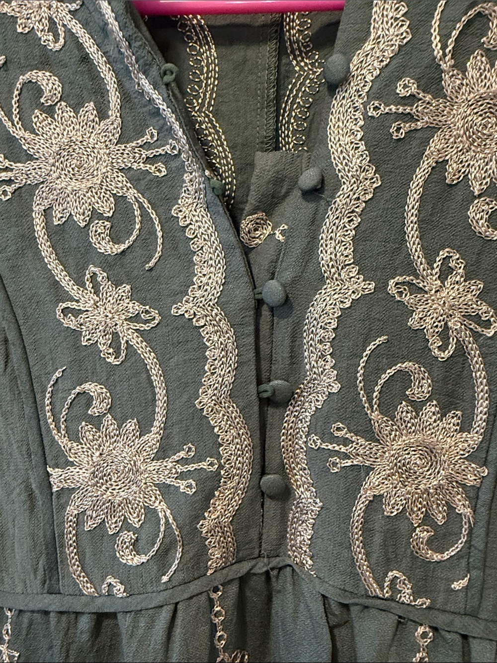 Olive and Cream Embroidered Maxi Dress - Picture 3 of 8